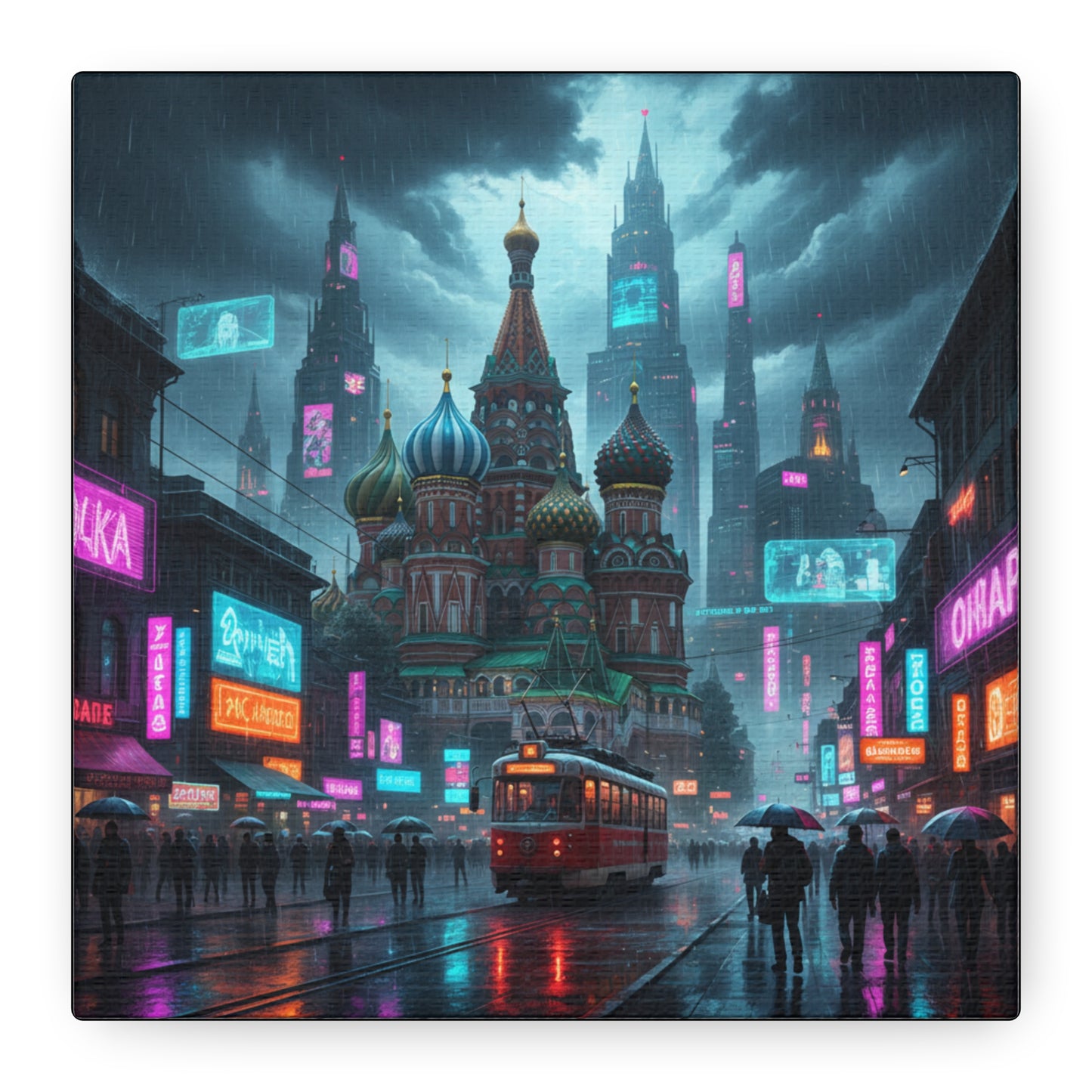Futuristic cityscape with neon lights and a vintage tram on a rainy night.