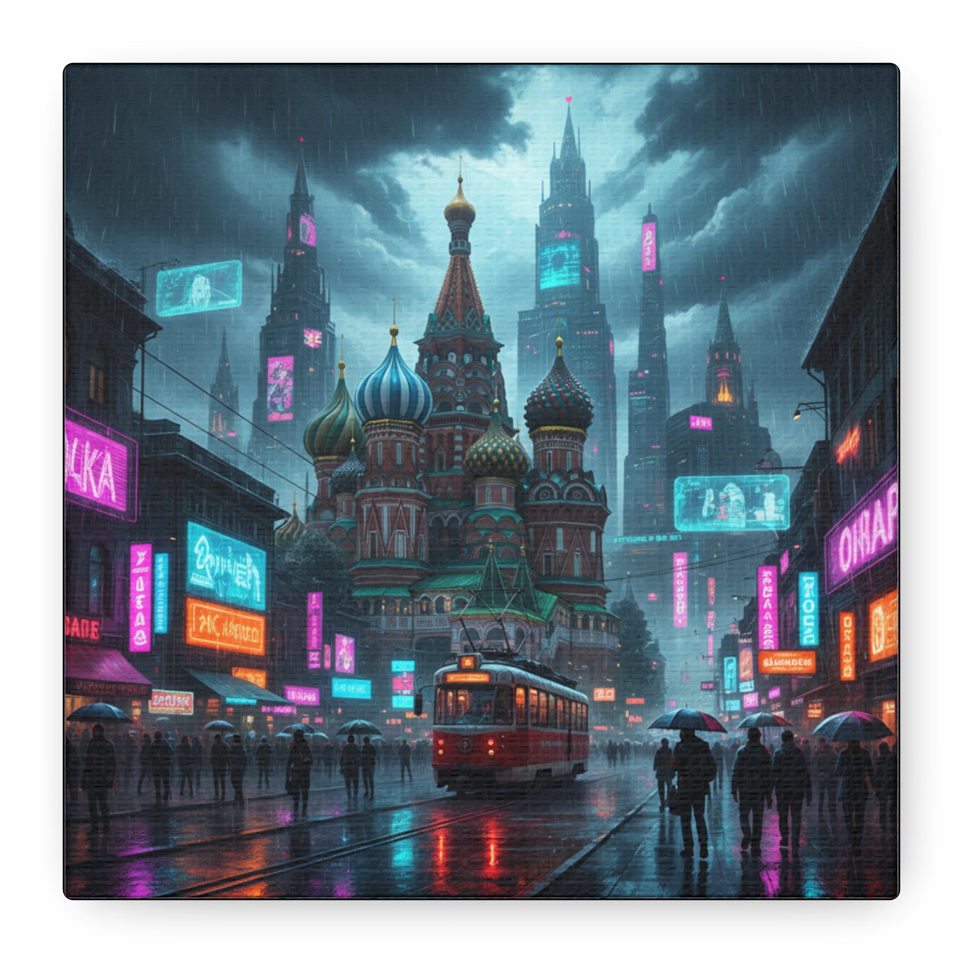 Futuristic cityscape with neon lights and a vintage tram on a rainy night.