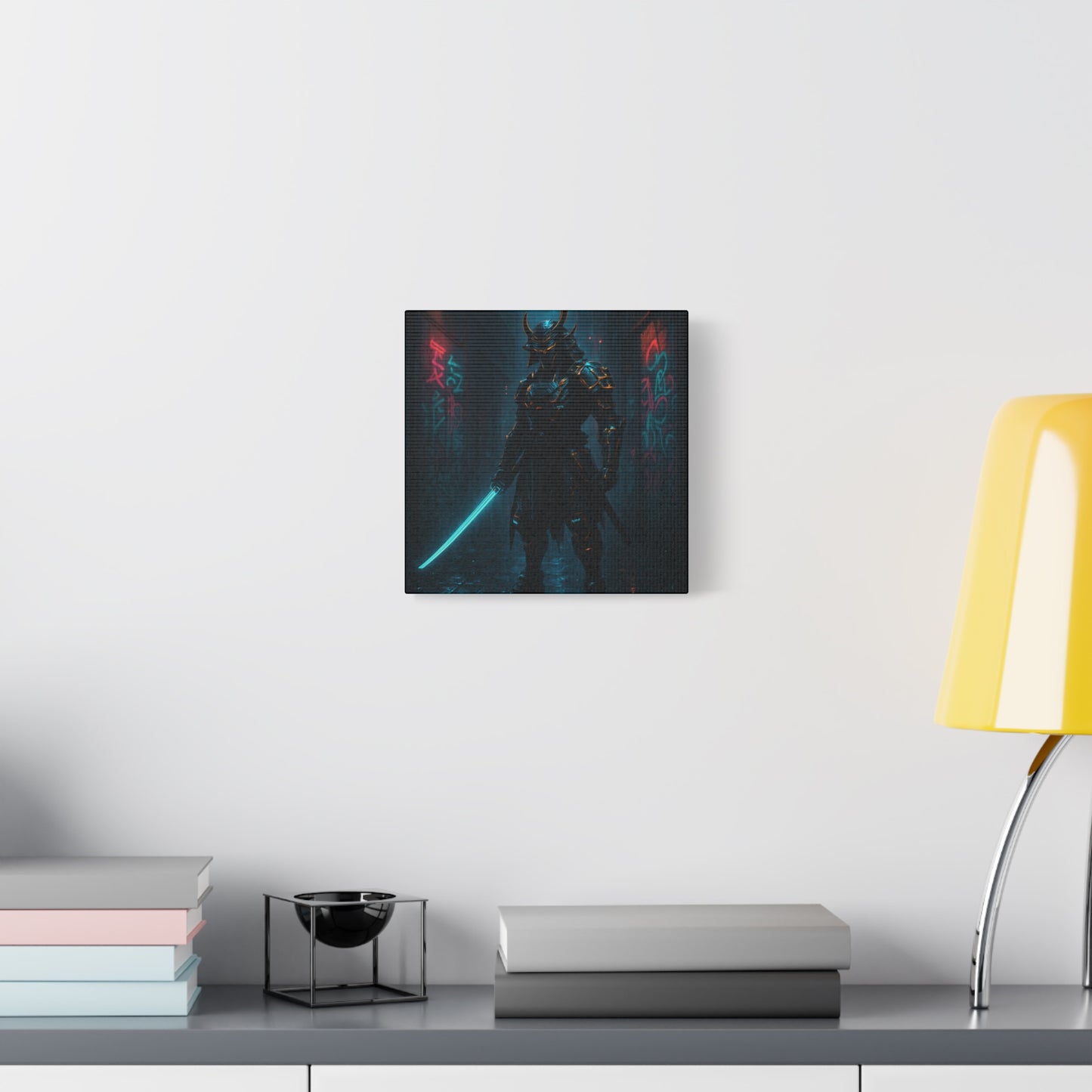 Framed artwork of a superhero on a wall above a desk with books and a lamp.