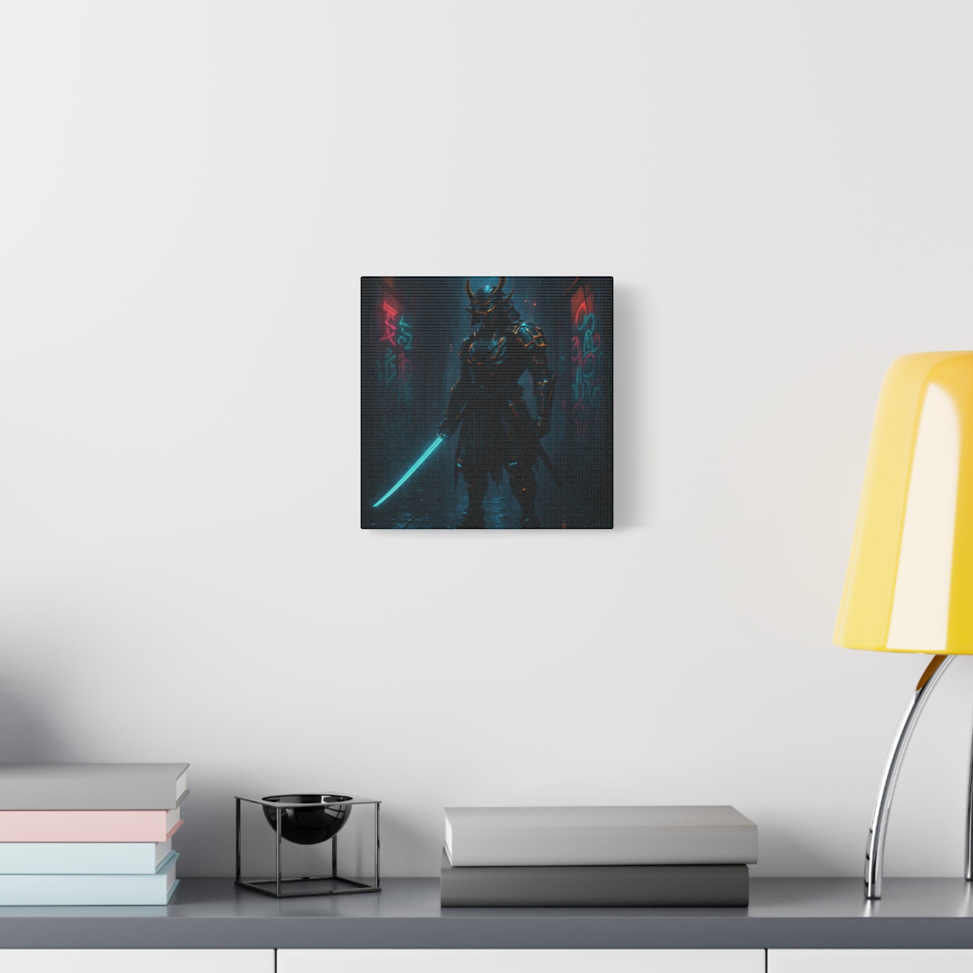Framed artwork of a superhero on a wall above a desk with books and a lamp.