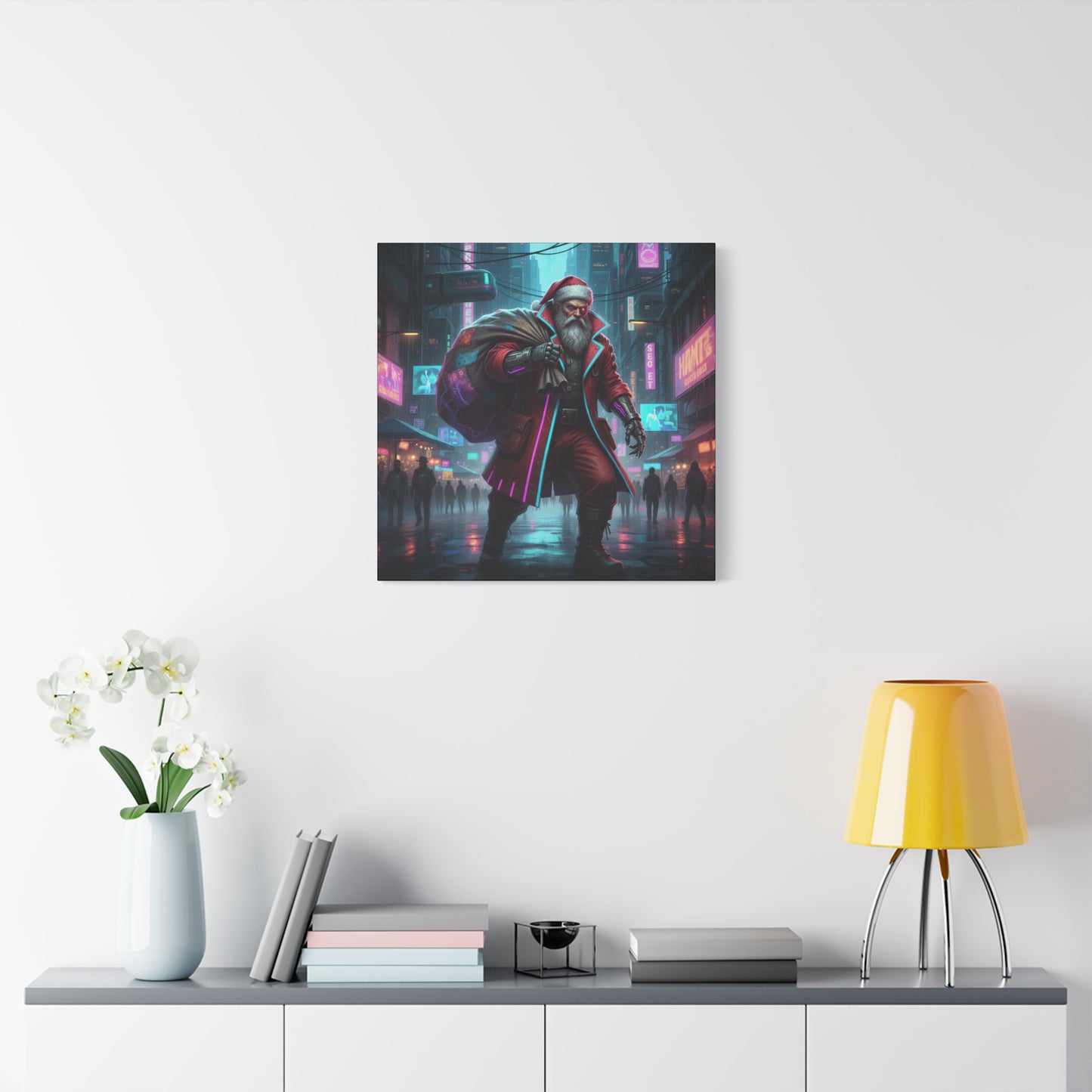 Futuristic cityscape poster on a wall above a table with decor items.