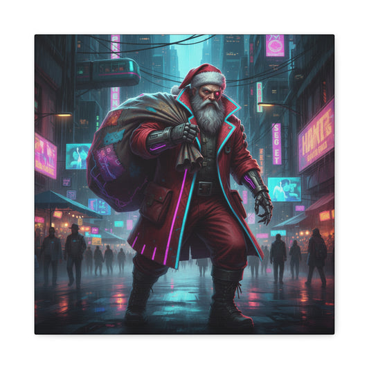 Cyberpunk Santa Claus in a futuristic city street with neon lights
