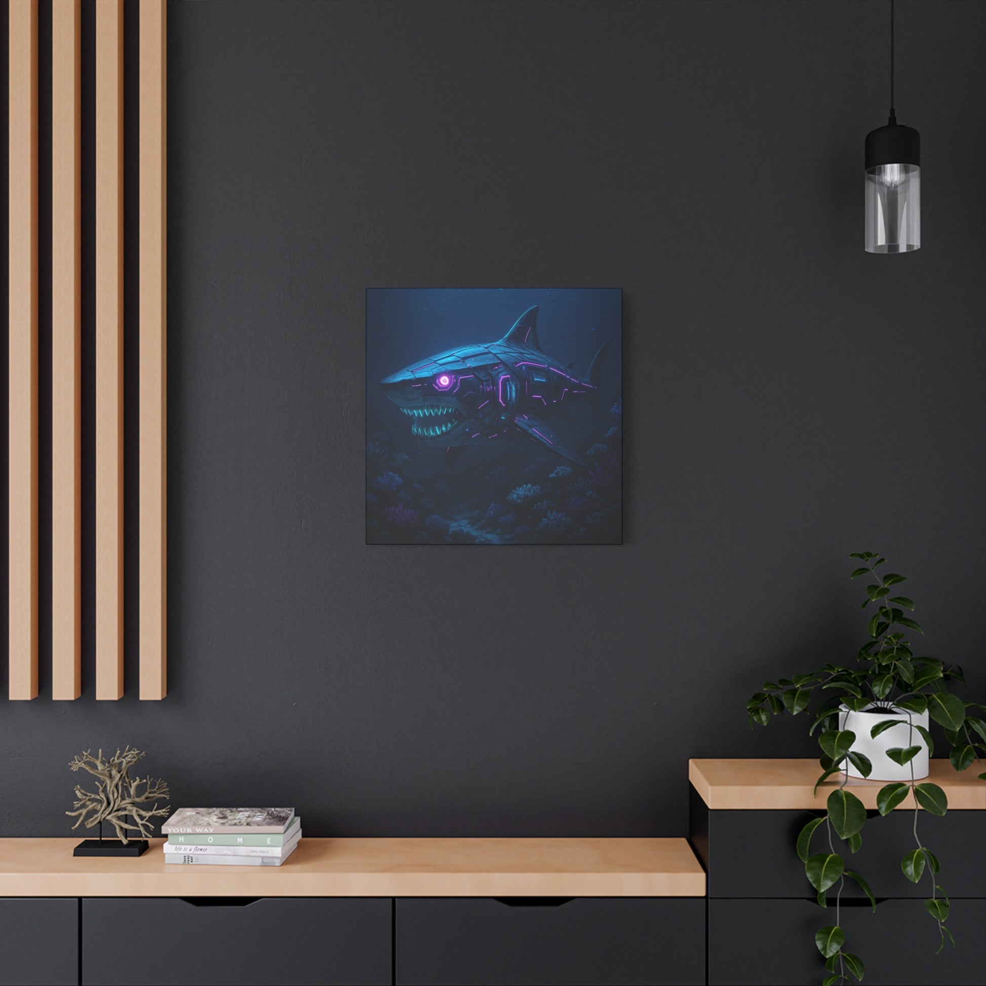Modern interior with a shark artwork on a dark wall