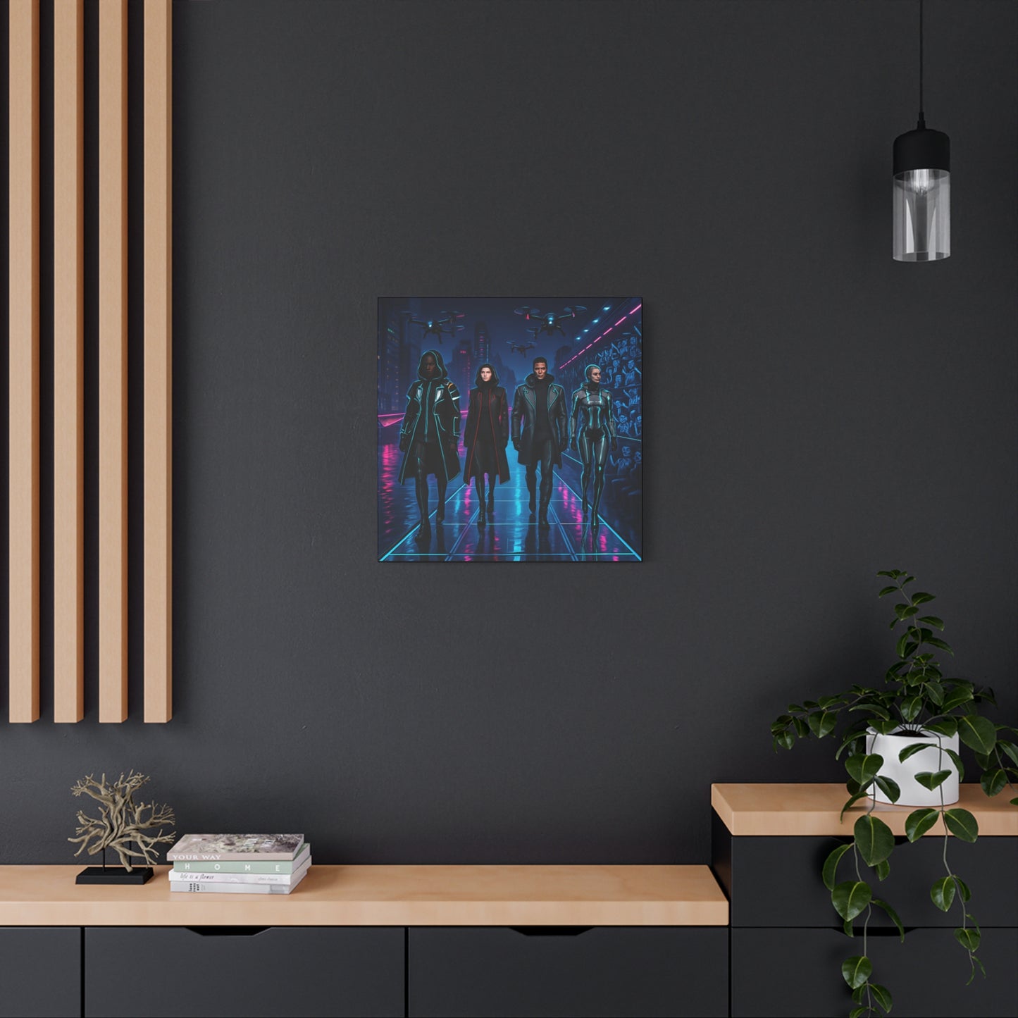 Framed artwork of four figures in a futuristic setting on a dark wall above a wooden shelf.