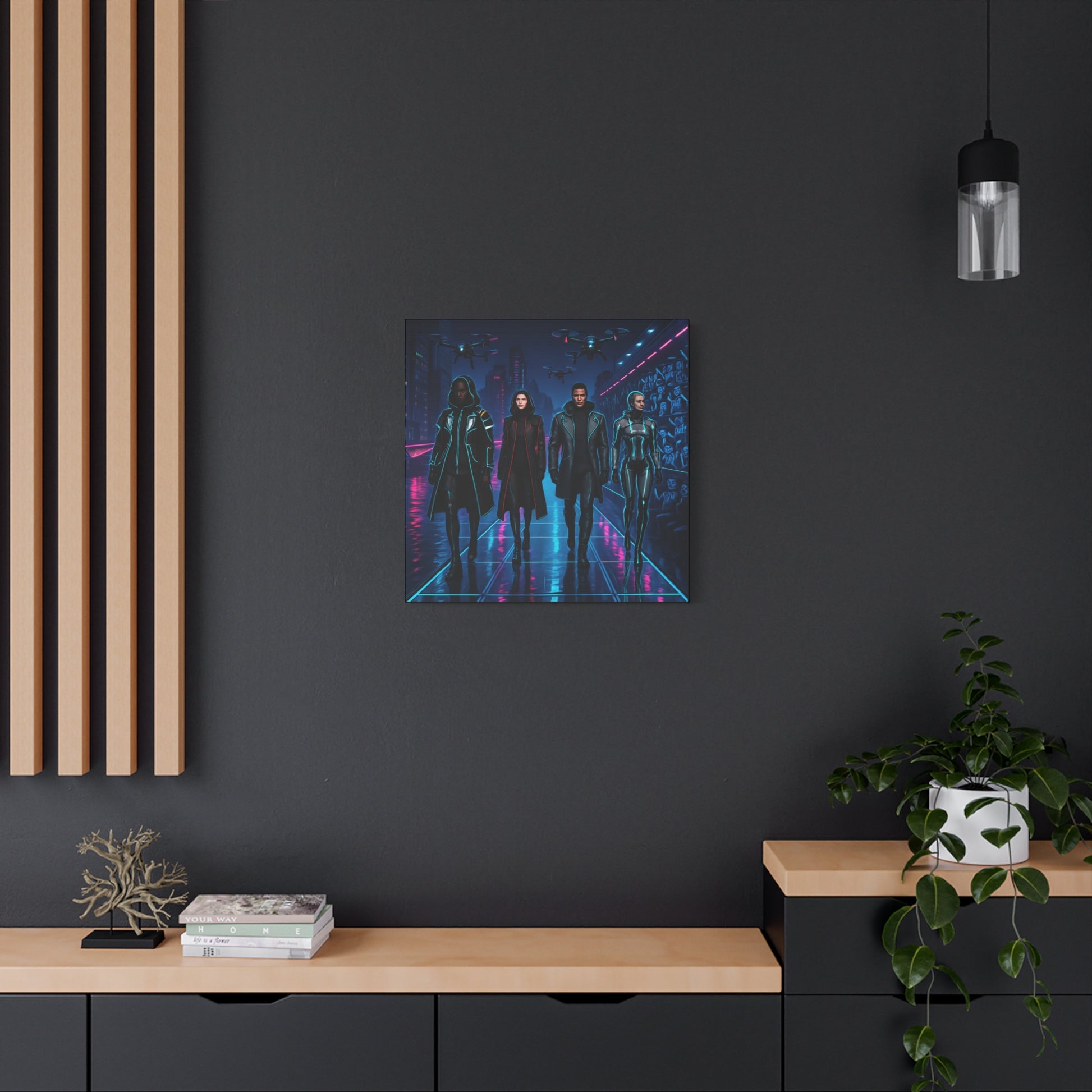 Framed artwork of four figures in a futuristic setting on a dark wall above a wooden shelf.