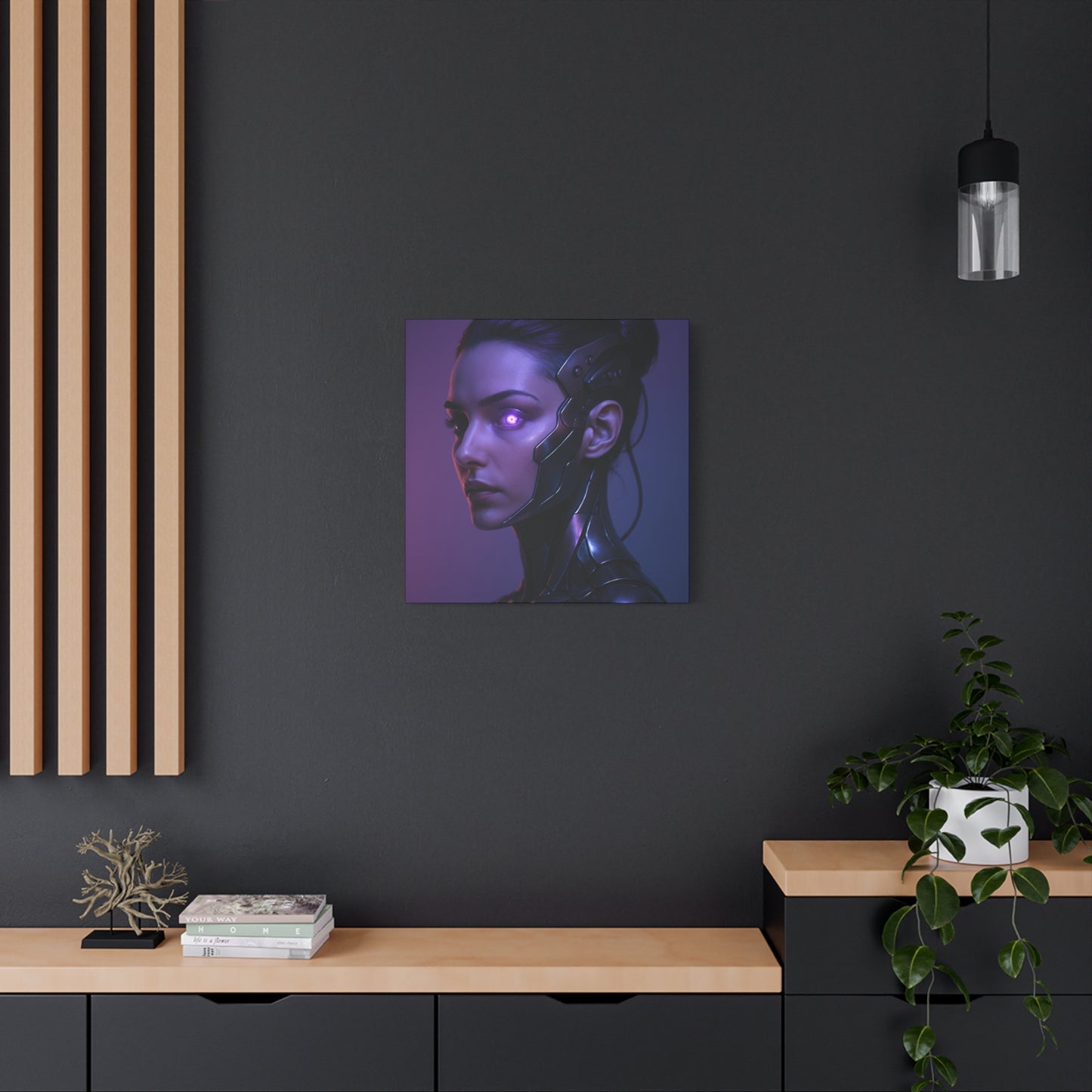 Futuristic portrait art on a dark wall with wooden shelves and plants.