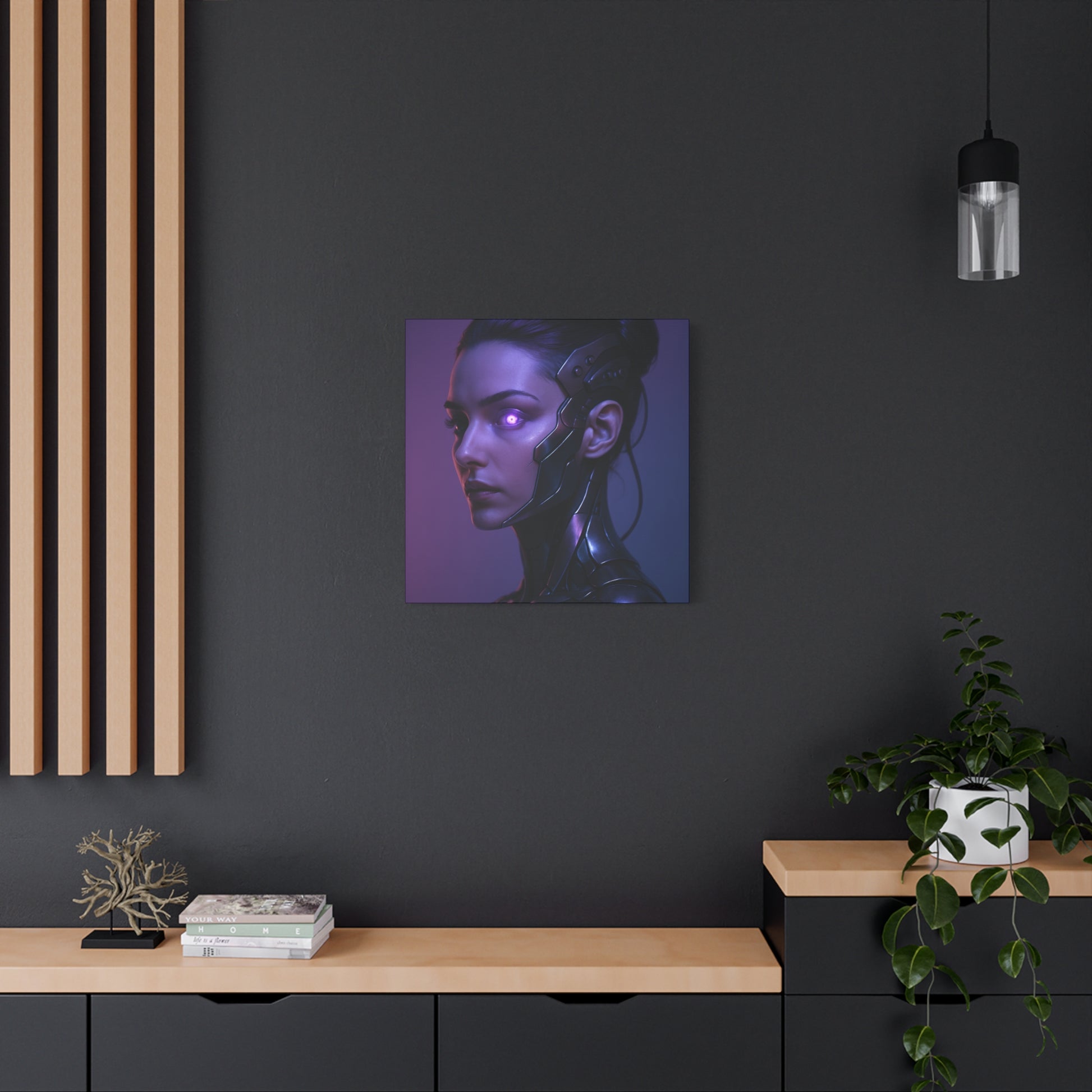 Futuristic portrait art on a dark wall with wooden shelves and plants.