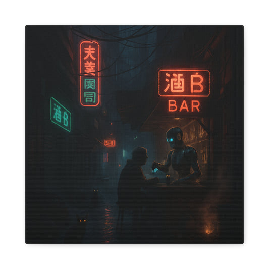 Neon-lit bar scene with two people sitting under glowing signs in a dark alley.