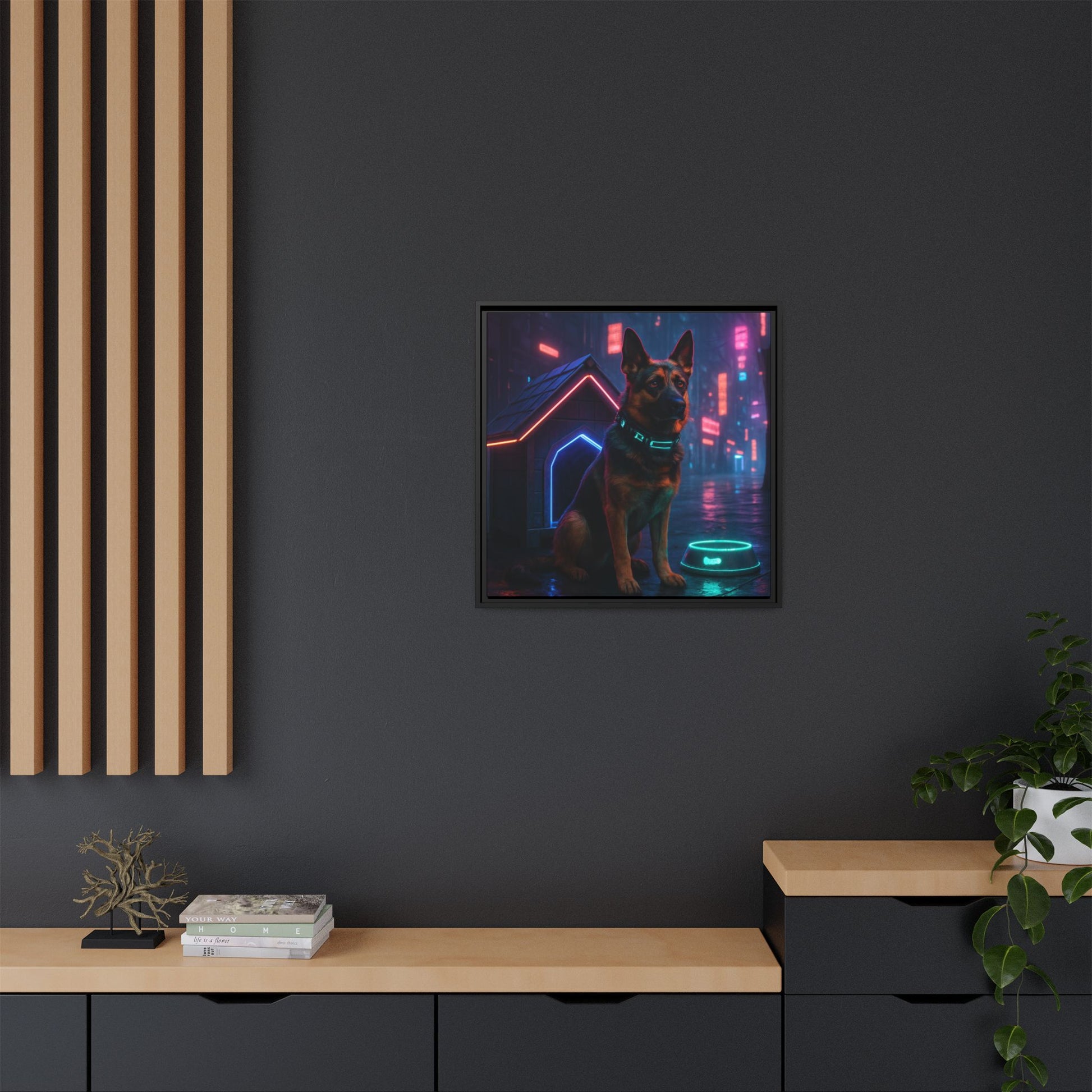 Framed artwork of a dog in a futuristic cityscape on a dark wall.
