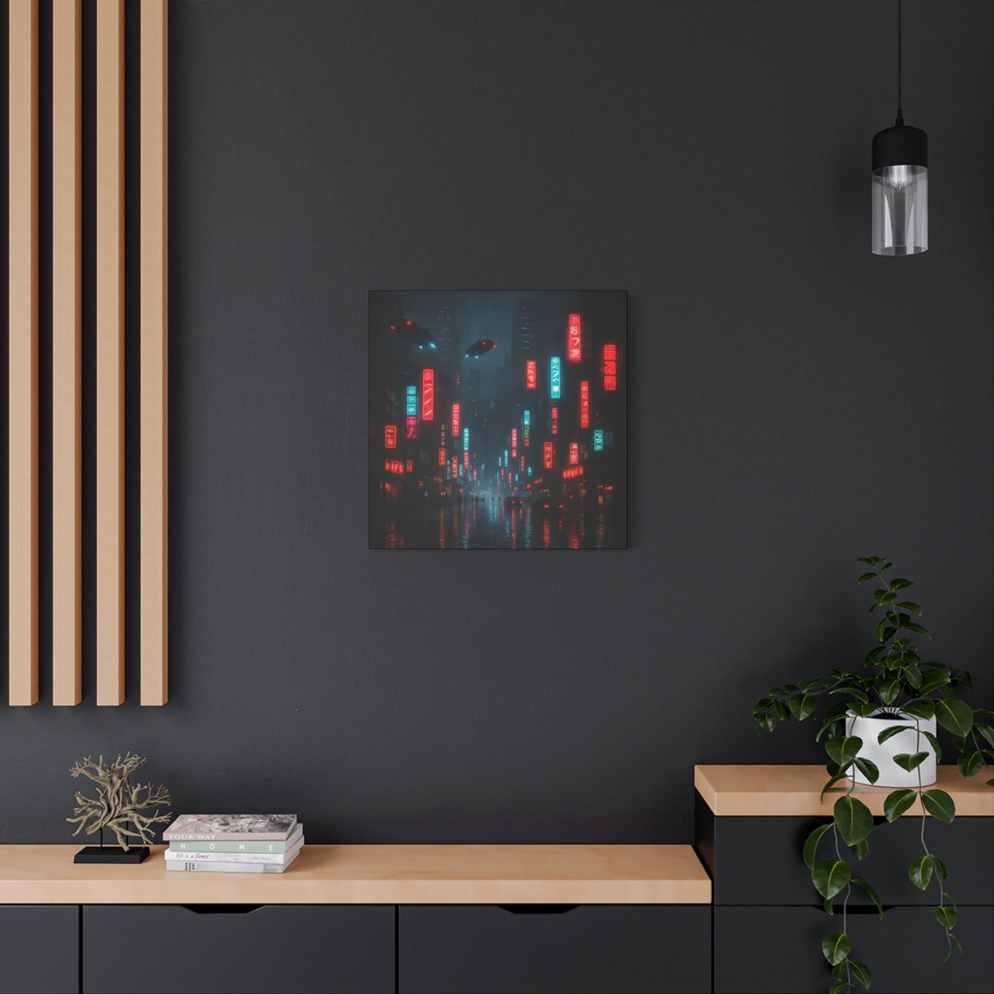 Modern interior with a dark wall, wooden shelf, and abstract artwork.