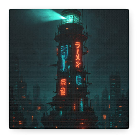 Futuristic lighthouse with neon signs in a cityscape at night