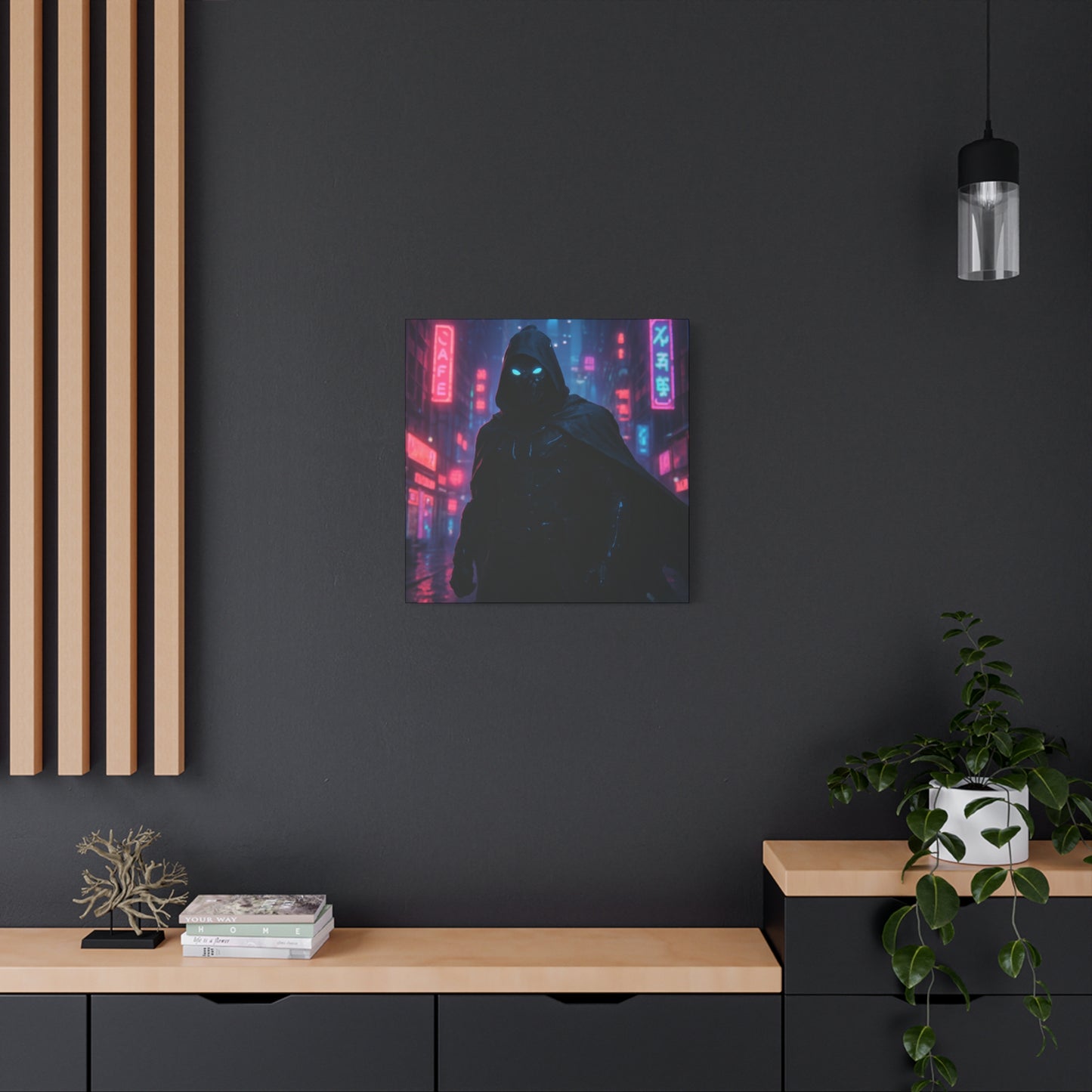 Futuristic wall art of a hooded figure with neon lights in a modern interior setting.