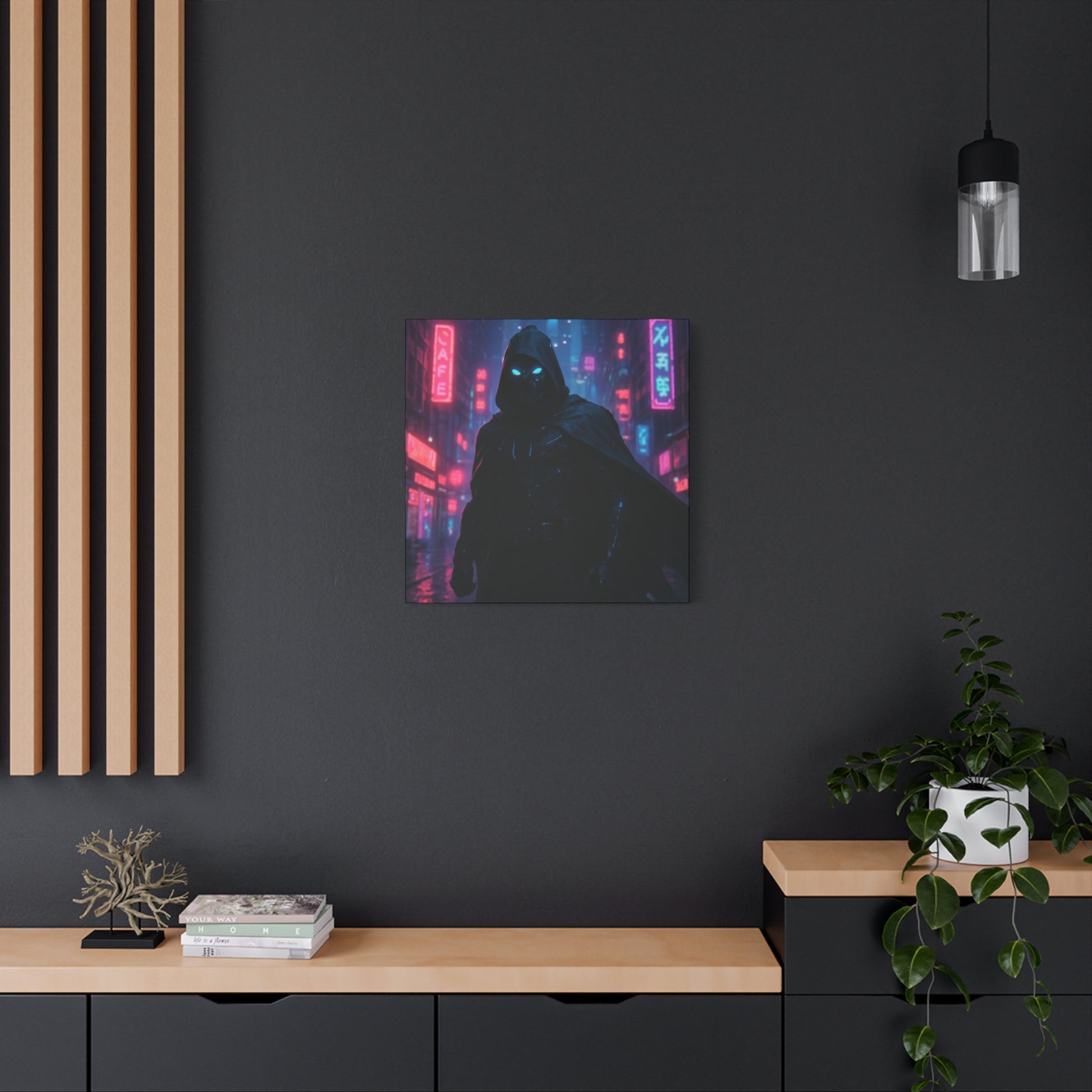 Futuristic wall art of a hooded figure with neon lights in a modern interior setting.