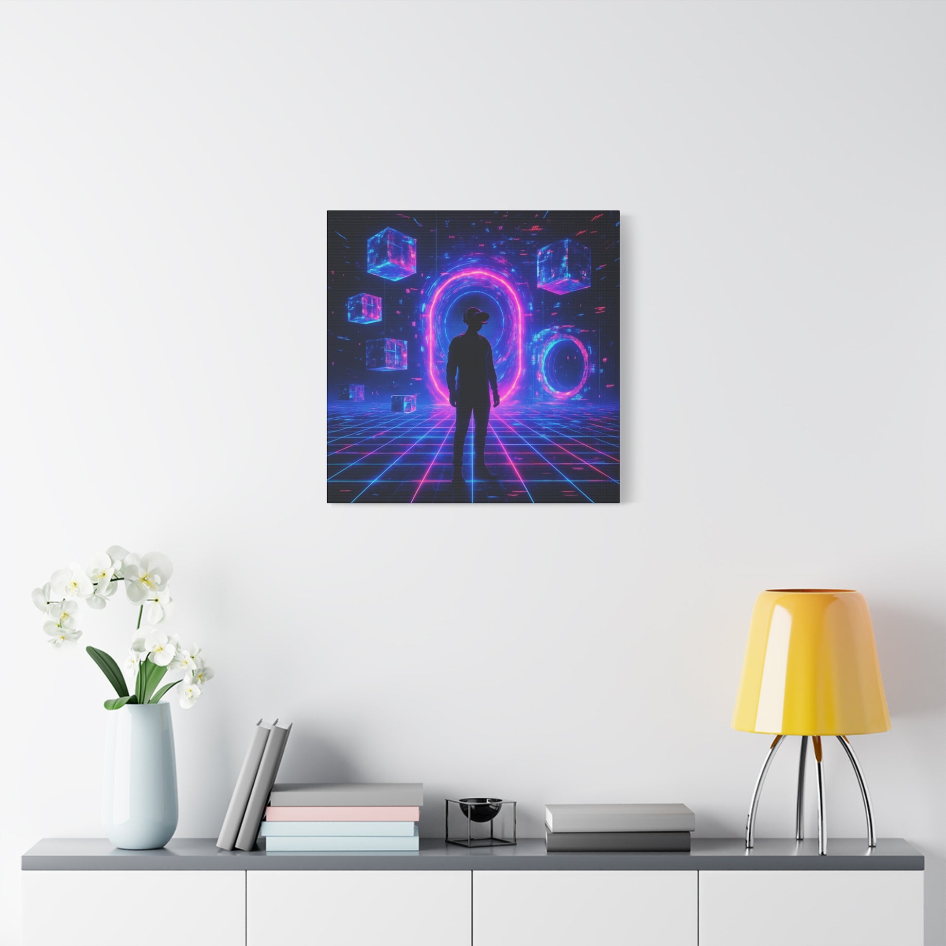 Futuristic wall art with a silhouette in a sci-fi setting on a white wall above a shelf.