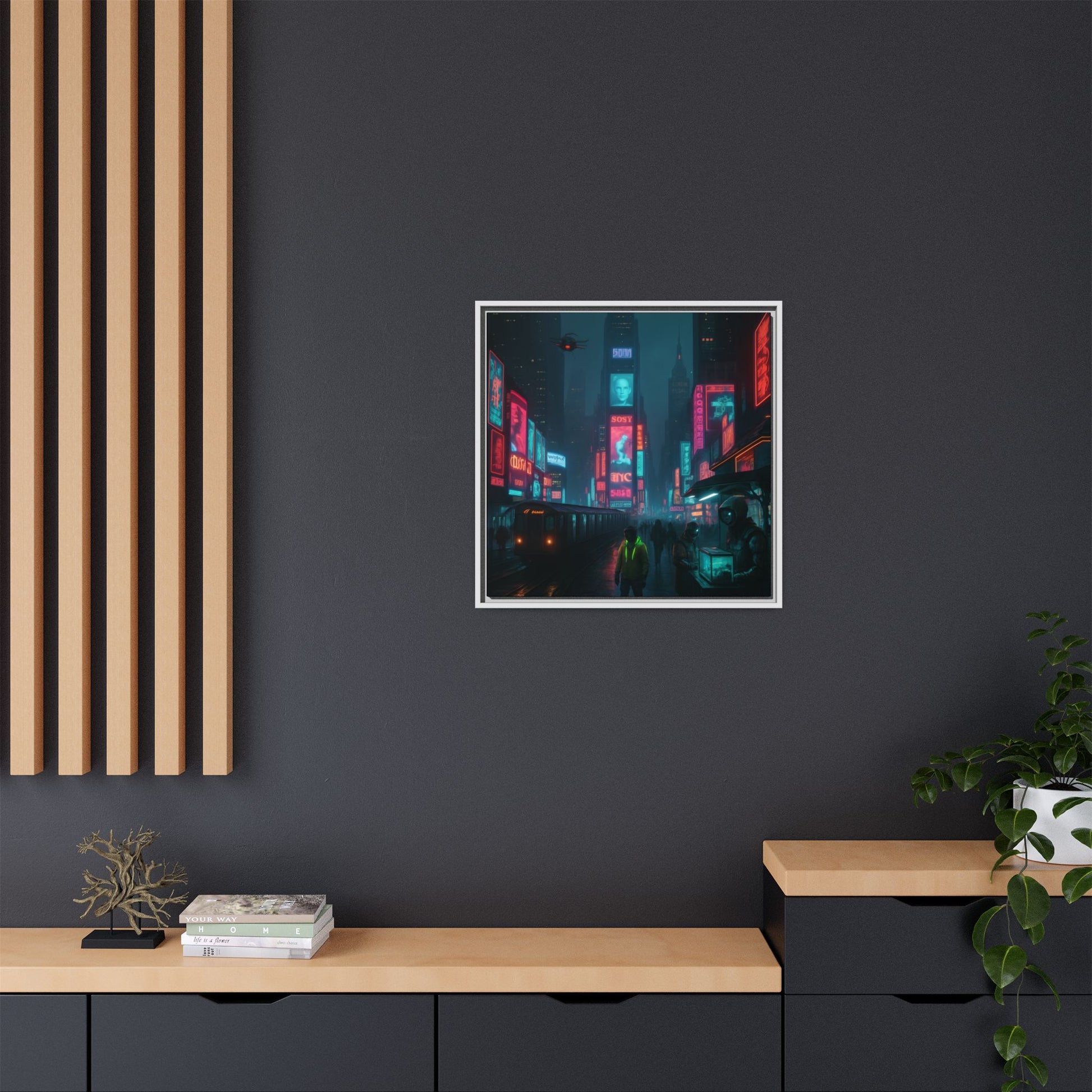 Framed artwork of a neon cityscape on a dark wall with wooden shelves below.