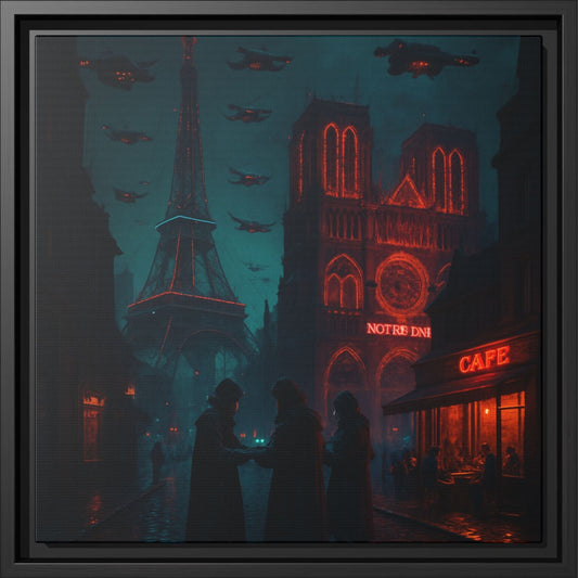 Framed artwork of a cityscape with Eiffel Tower and Notre Dame Cathedral at night.