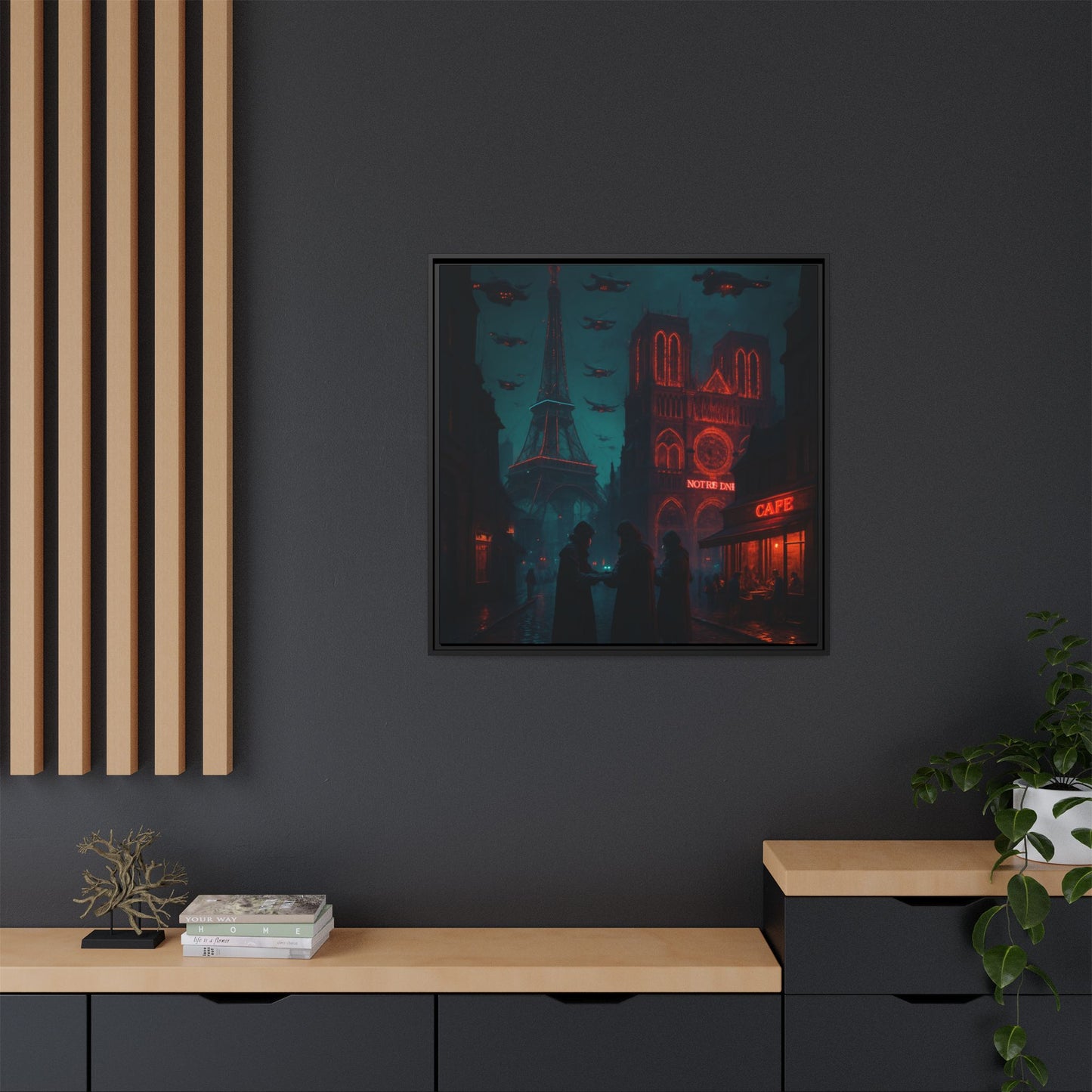 Framed artwork of a cityscape with neon signs on a dark wall.