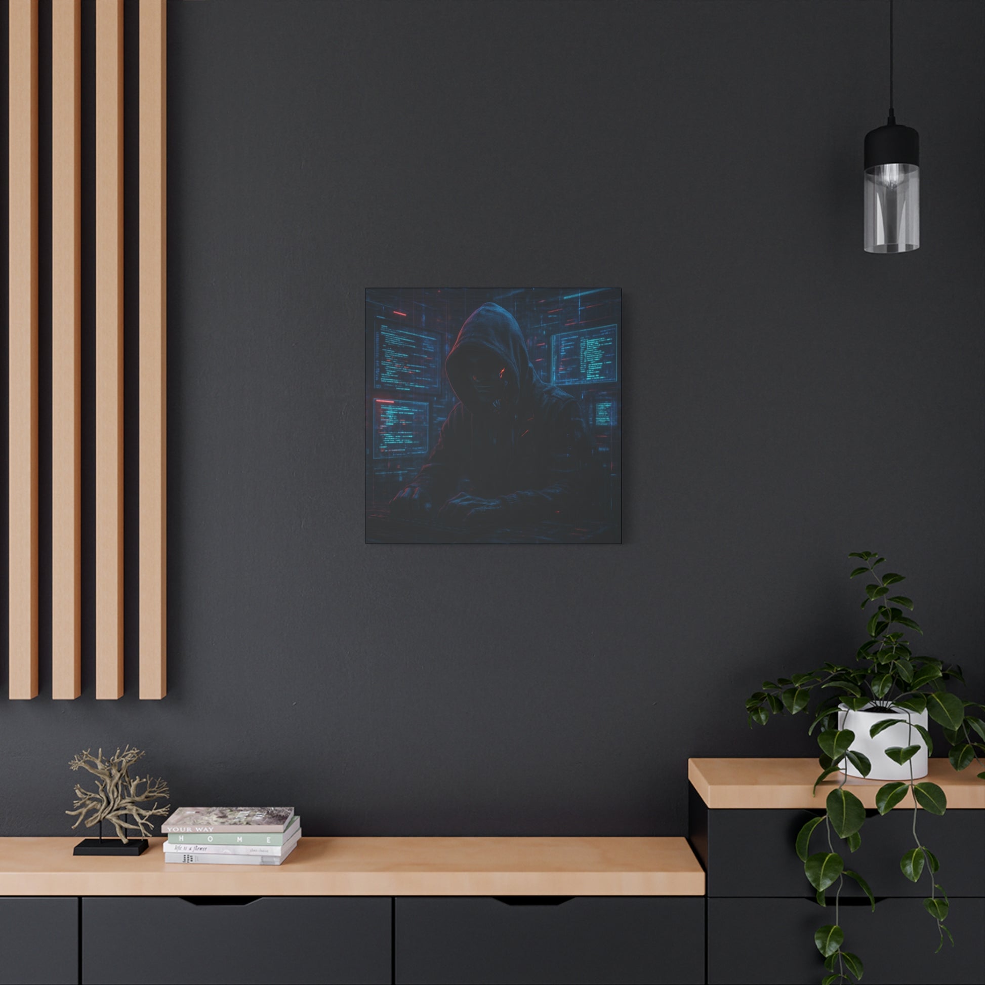 Modern interior with a dark wall, wooden shelf, and framed artwork.