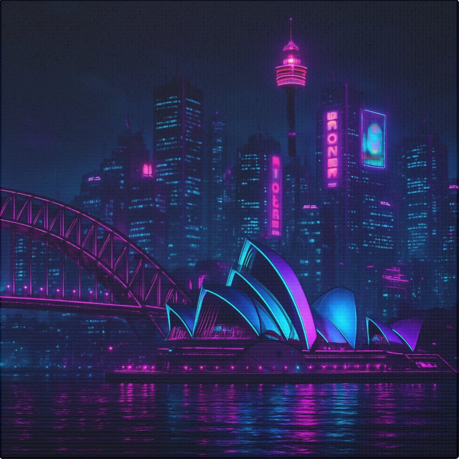 Sydney skyline with iconic landmarks illuminated in vibrant purple and blue hues.